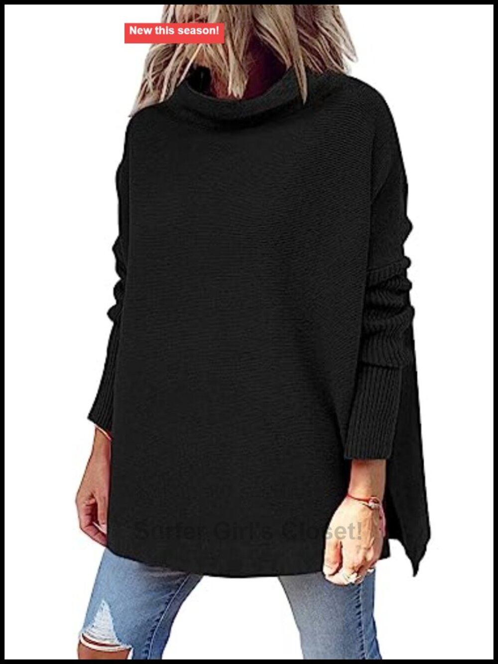 Mock Turtleneck Oversized Long Tunic Sweater Split Hem